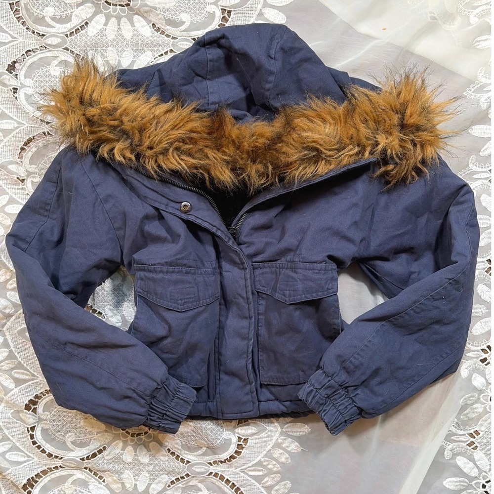 Y2K Fall Bella Swan Aeropostale Navy Fur Hooded Sherpa Lined Bomber Jacket XS
